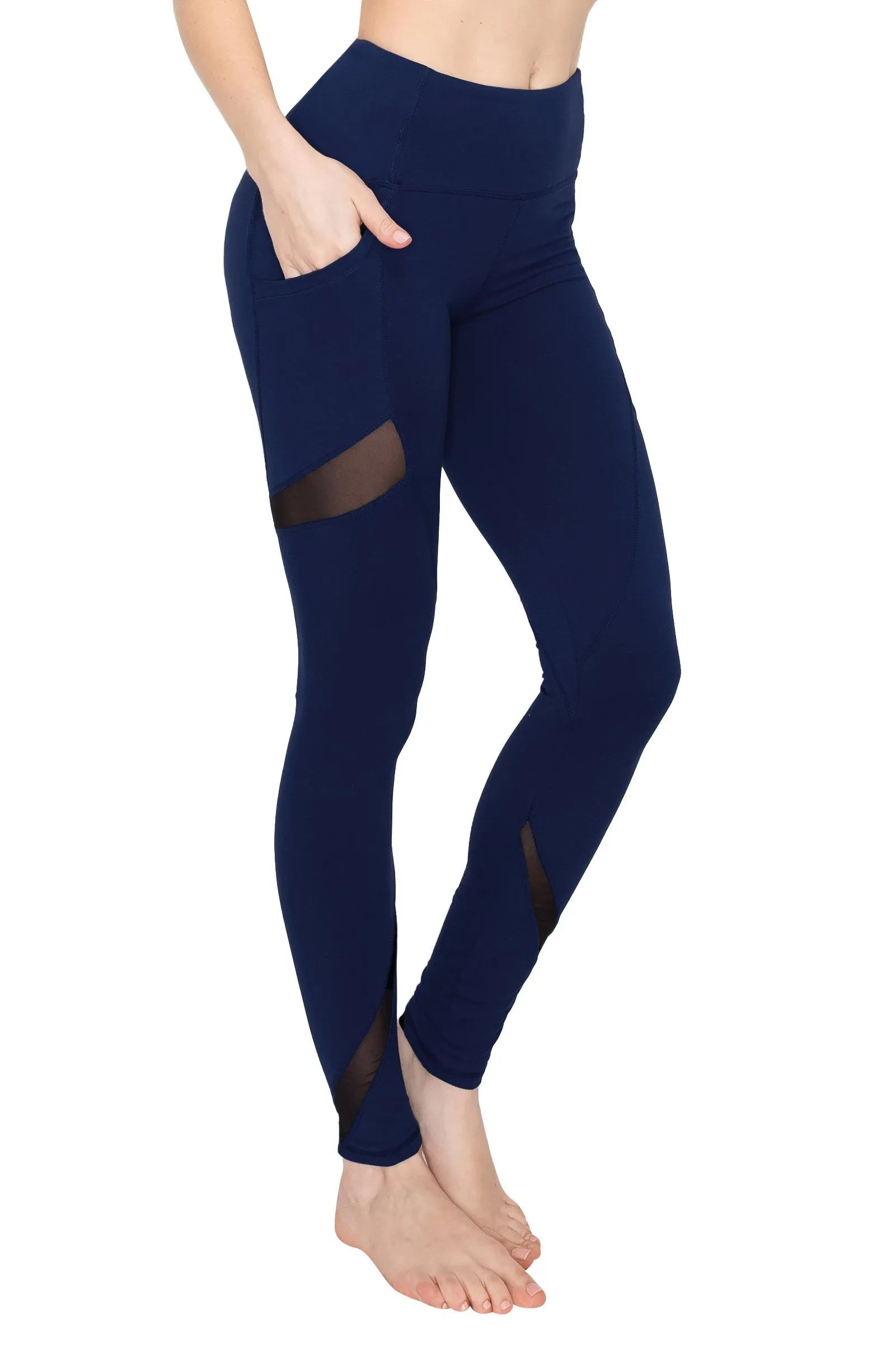 High Waist Leggings - Slant Pockets and Mesh Accents