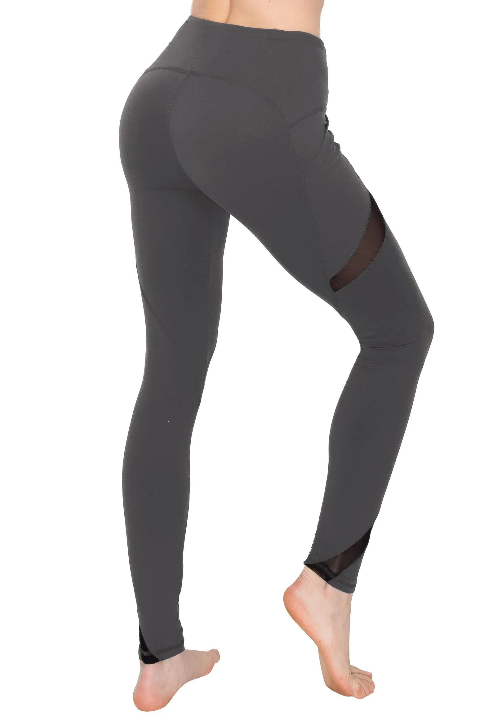 High Waist Leggings - Slant Pockets and Mesh Accents