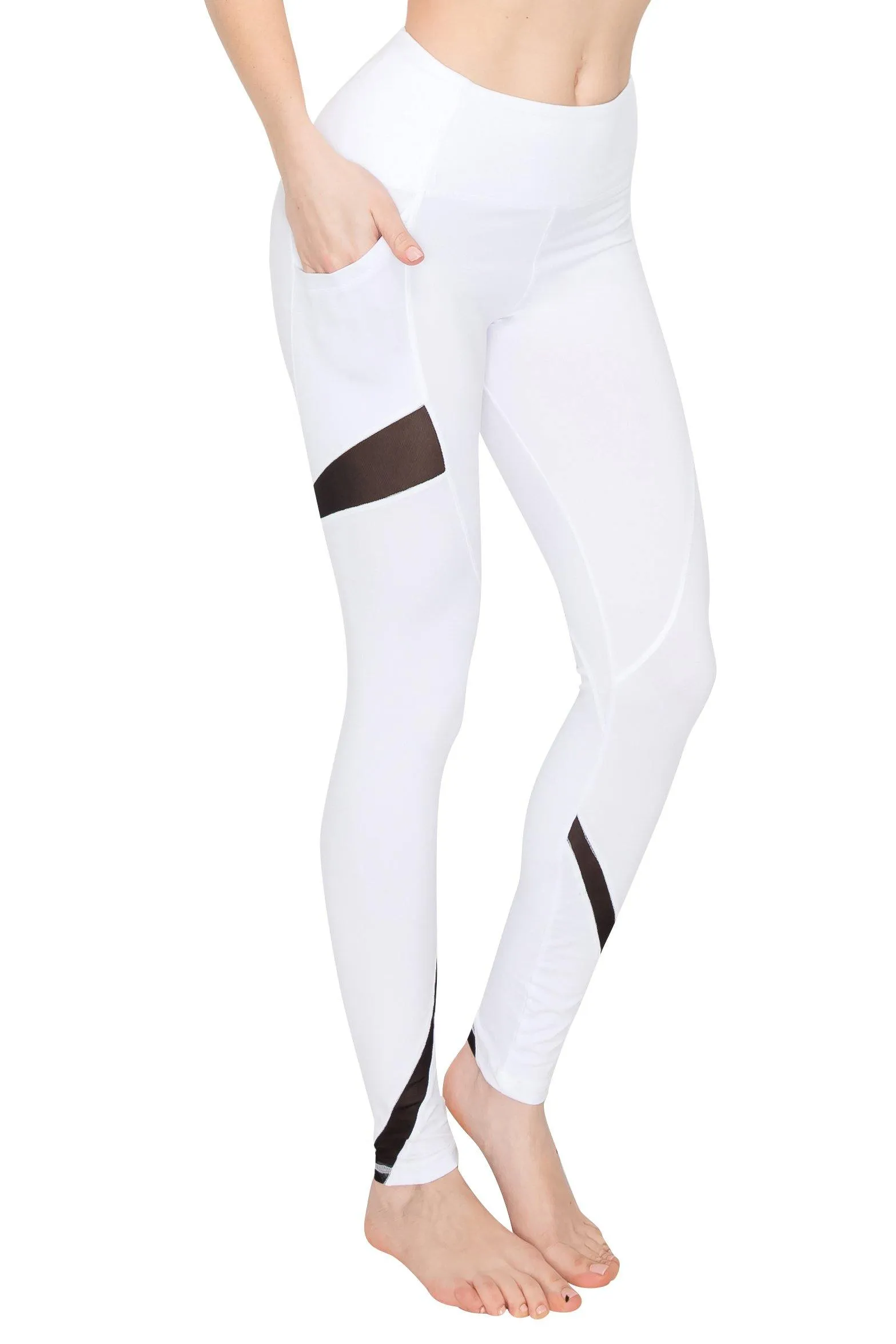 High Waist Leggings - Slant Pockets and Mesh Accents