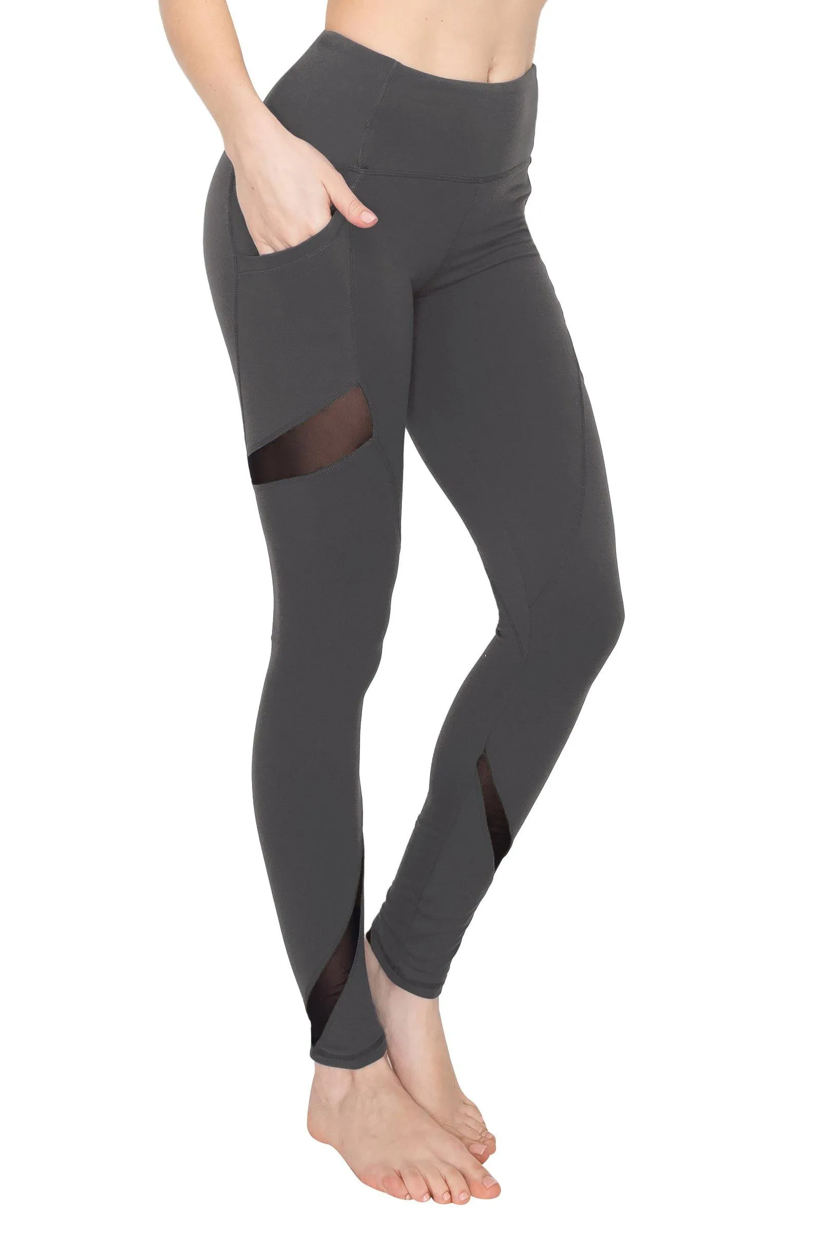 High Waist Leggings - Slant Pockets and Mesh Accents