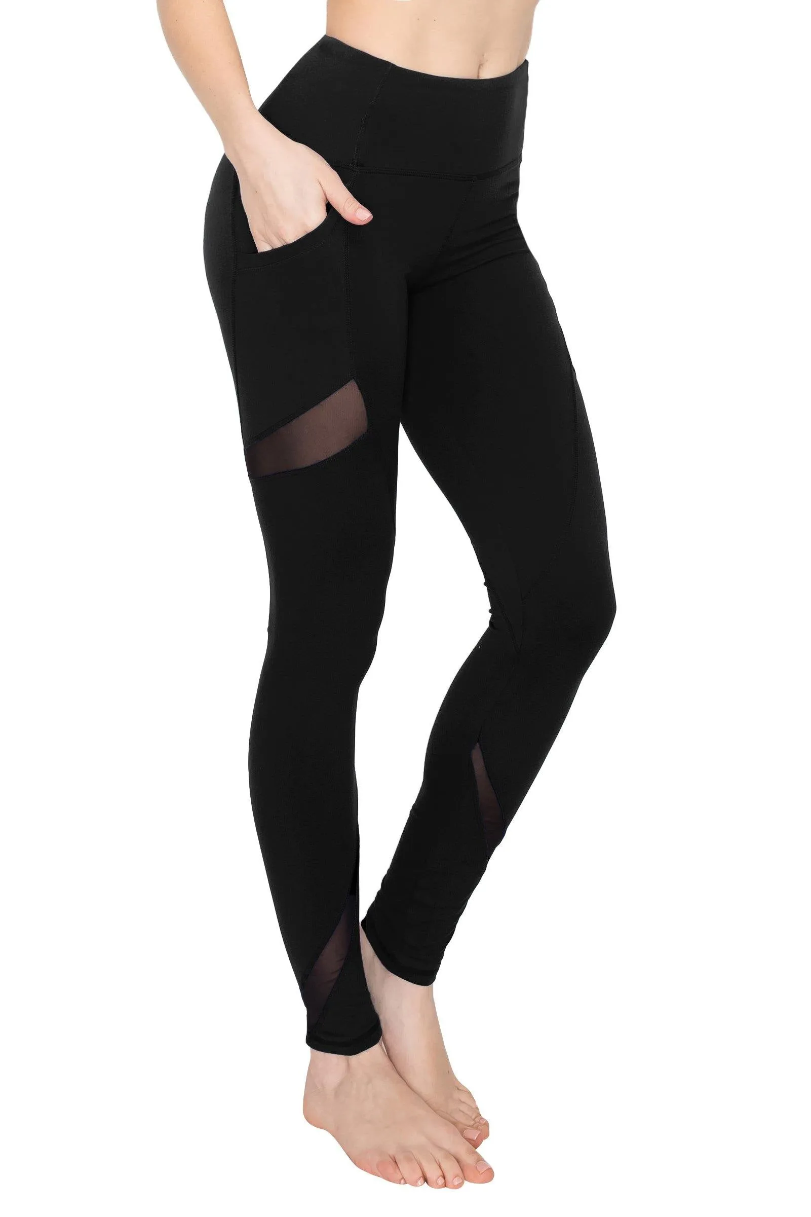 High Waist Leggings - Slant Pockets and Mesh Accents