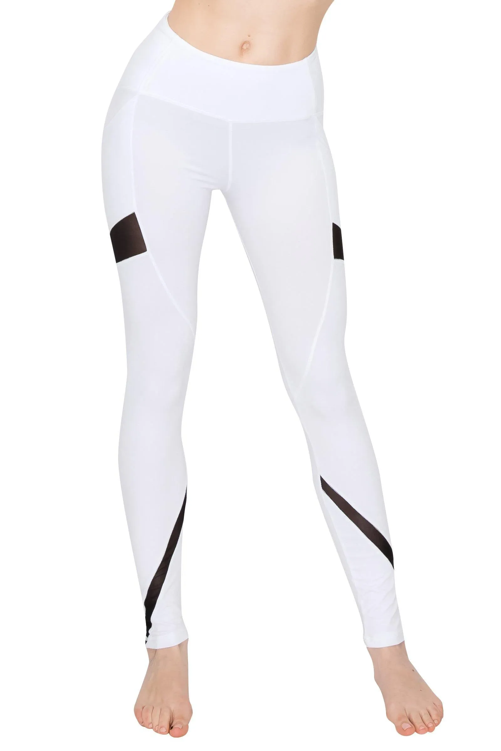 High Waist Leggings - Slant Pockets and Mesh Accents