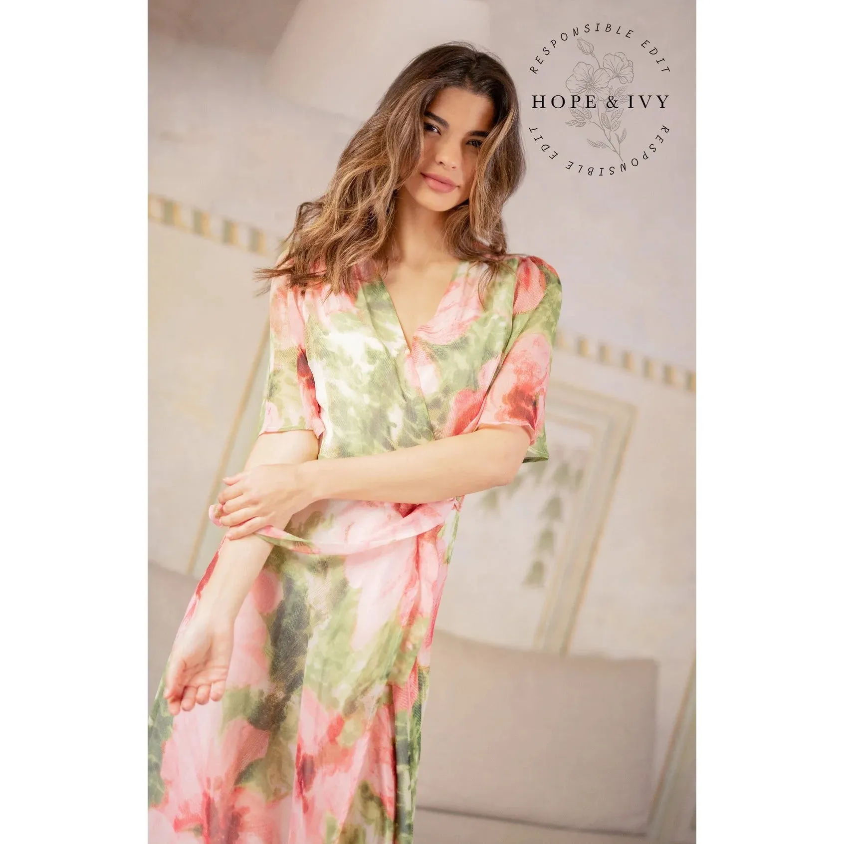 Hope & Ivy Pink & Green Floral Print Flutter Sleeve Maxi Wrap Dress