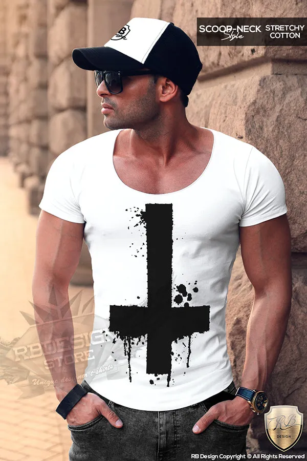 Inverted Cross T-shirt Mens Trendy Ink Splashes FX Print Top MD122