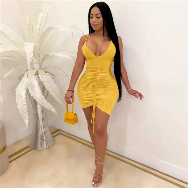 Inwoman White Black Sexy Bodycon Dress Women backless bandage Wrap Pleated Ruched Mini Dress Short Party Summer Dress 2021