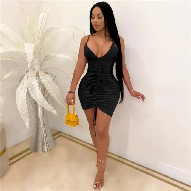 Inwoman White Black Sexy Bodycon Dress Women backless bandage Wrap Pleated Ruched Mini Dress Short Party Summer Dress 2021