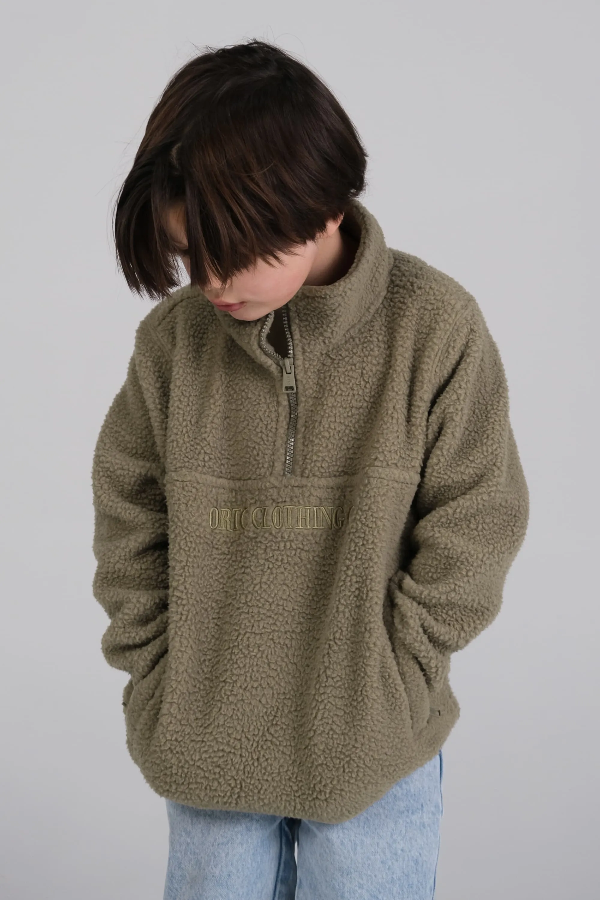 Jnr Sherpa Fleece Logo Quarter Zip Moss