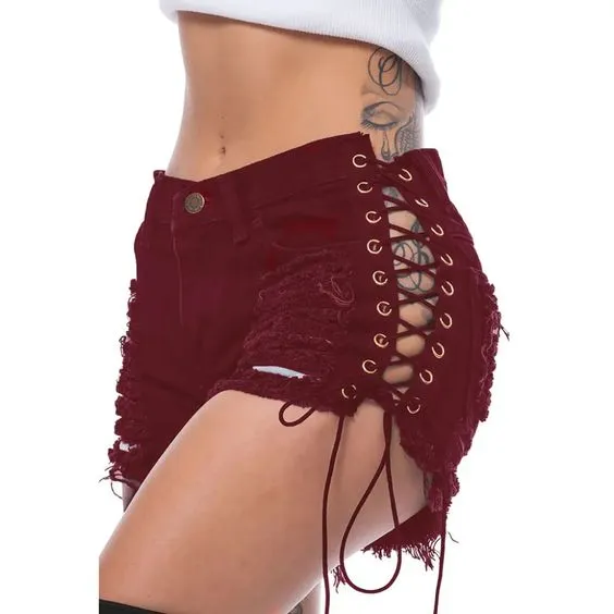 Lace Up Jean Shorts With Holes Faded Stretch Denim Daisy Dukes Classic Five Pocket Destroyed High Waist Ripped Short Jeans Available In Blue Black White Or Dark Red Small Medium Large XL And Plus Size 2X XXL And 3X XXXL