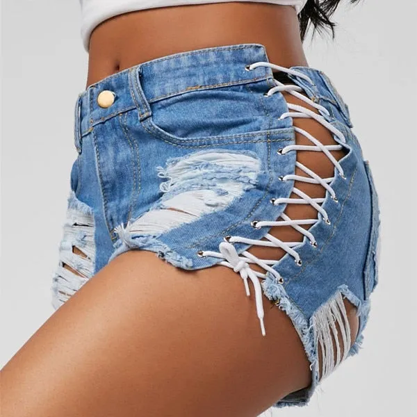 Lace Up Jean Shorts With Holes Faded Stretch Denim Daisy Dukes Classic Five Pocket Destroyed High Waist Ripped Short Jeans Available In Blue Black White Or Dark Red Small Medium Large XL And Plus Size 2X XXL And 3X XXXL