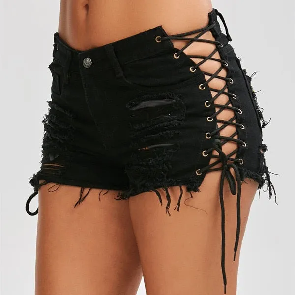 Lace Up Jean Shorts With Holes Faded Stretch Denim Daisy Dukes Classic Five Pocket Destroyed High Waist Ripped Short Jeans Available In Blue Black White Or Dark Red Small Medium Large XL And Plus Size 2X XXL And 3X XXXL