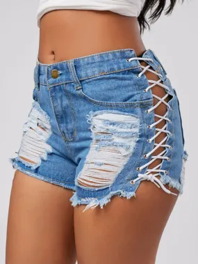 Lace Up Jean Shorts With Holes Faded Stretch Denim Daisy Dukes Classic Five Pocket Destroyed High Waist Ripped Short Jeans Available In Blue Black White Or Dark Red Small Medium Large XL And Plus Size 2X XXL And 3X XXXL