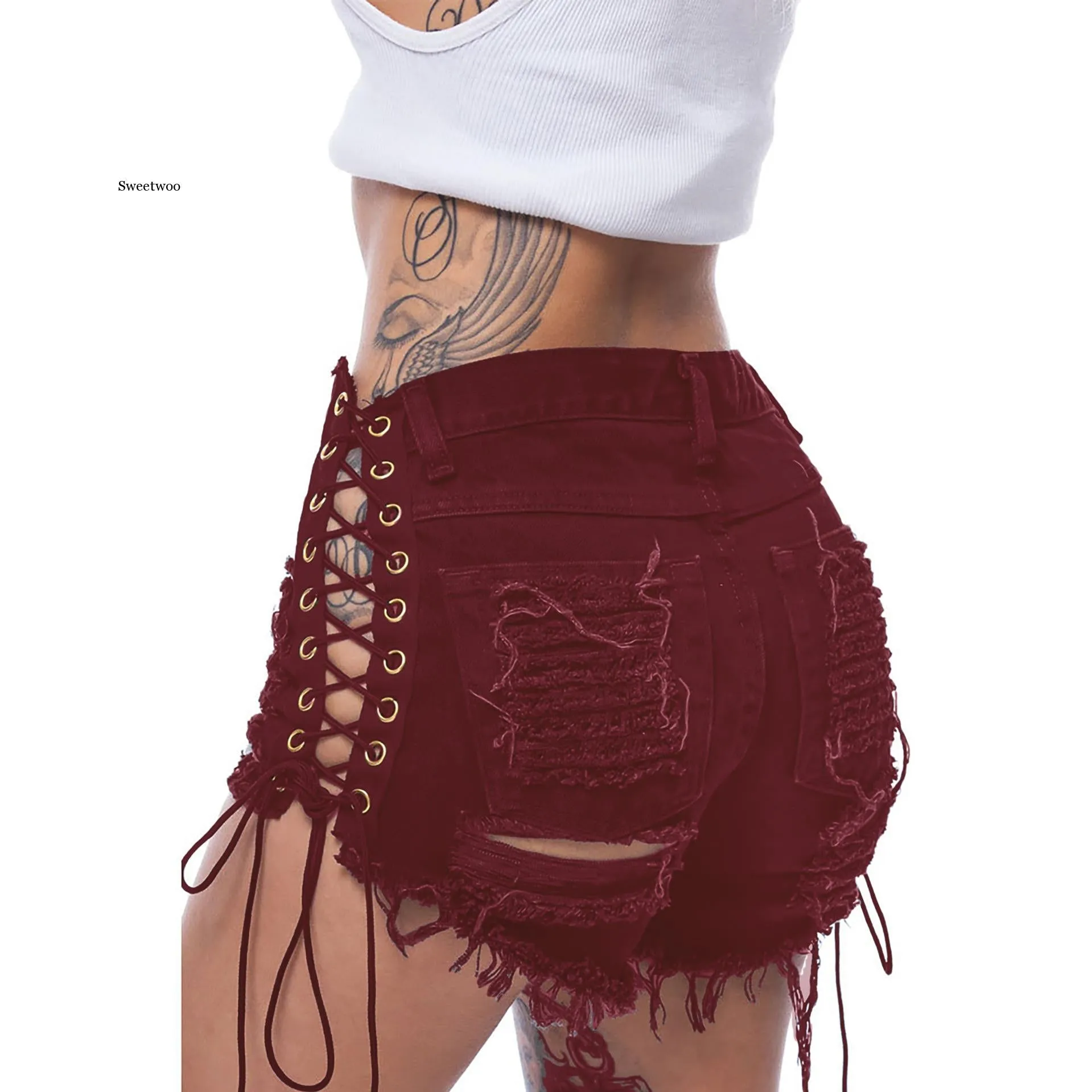 Lace Up Jean Shorts With Holes Faded Stretch Denim Daisy Dukes Classic Five Pocket Destroyed High Waist Ripped Short Jeans Available In Blue Black White Or Dark Red Small Medium Large XL And Plus Size 2X XXL And 3X XXXL