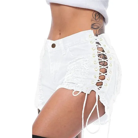 Lace Up Jean Shorts With Holes Faded Stretch Denim Daisy Dukes Classic Five Pocket Destroyed High Waist Ripped Short Jeans Available In Blue Black White Or Dark Red Small Medium Large XL And Plus Size 2X XXL And 3X XXXL