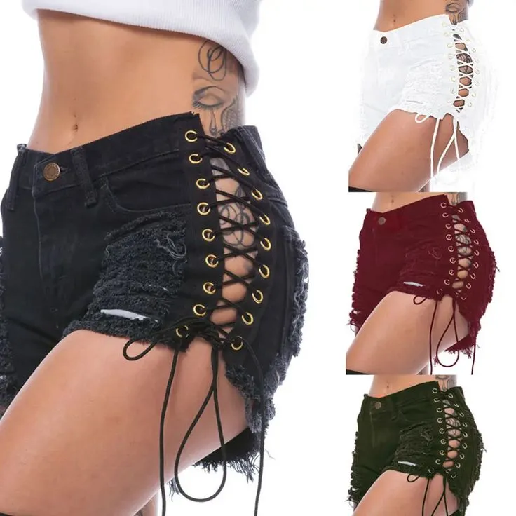 Lace Up Jean Shorts With Holes Faded Stretch Denim Daisy Dukes Classic Five Pocket Destroyed High Waist Ripped Short Jeans Available In Blue Black White Or Dark Red Small Medium Large XL And Plus Size 2X XXL And 3X XXXL