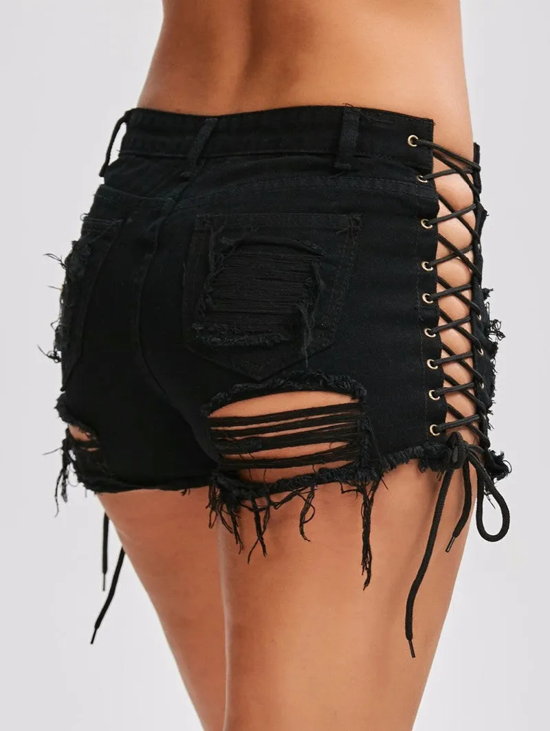 Lace Up Jean Shorts With Holes Faded Stretch Denim Daisy Dukes Classic Five Pocket Destroyed High Waist Ripped Short Jeans Available In Blue Black White Or Dark Red Small Medium Large XL And Plus Size 2X XXL And 3X XXXL