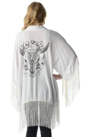 Longhorn Skull Boho Kimono White Super Long Fringe Size Small / Medium Black Cow With Pretty Flowers Roses Feathers Designs