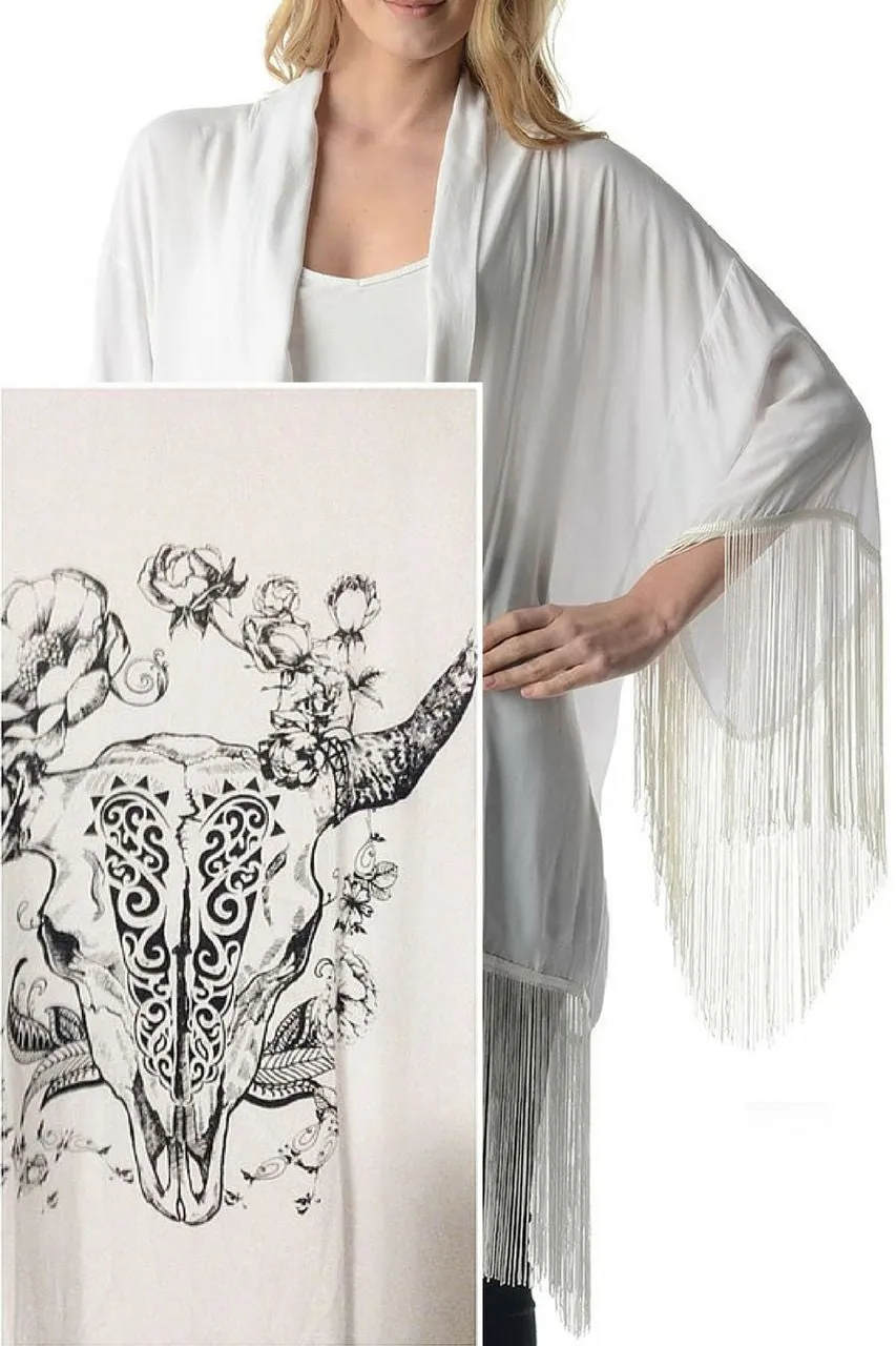 Longhorn Skull Boho Kimono White Super Long Fringe Size Small / Medium Black Cow With Pretty Flowers Roses Feathers Designs