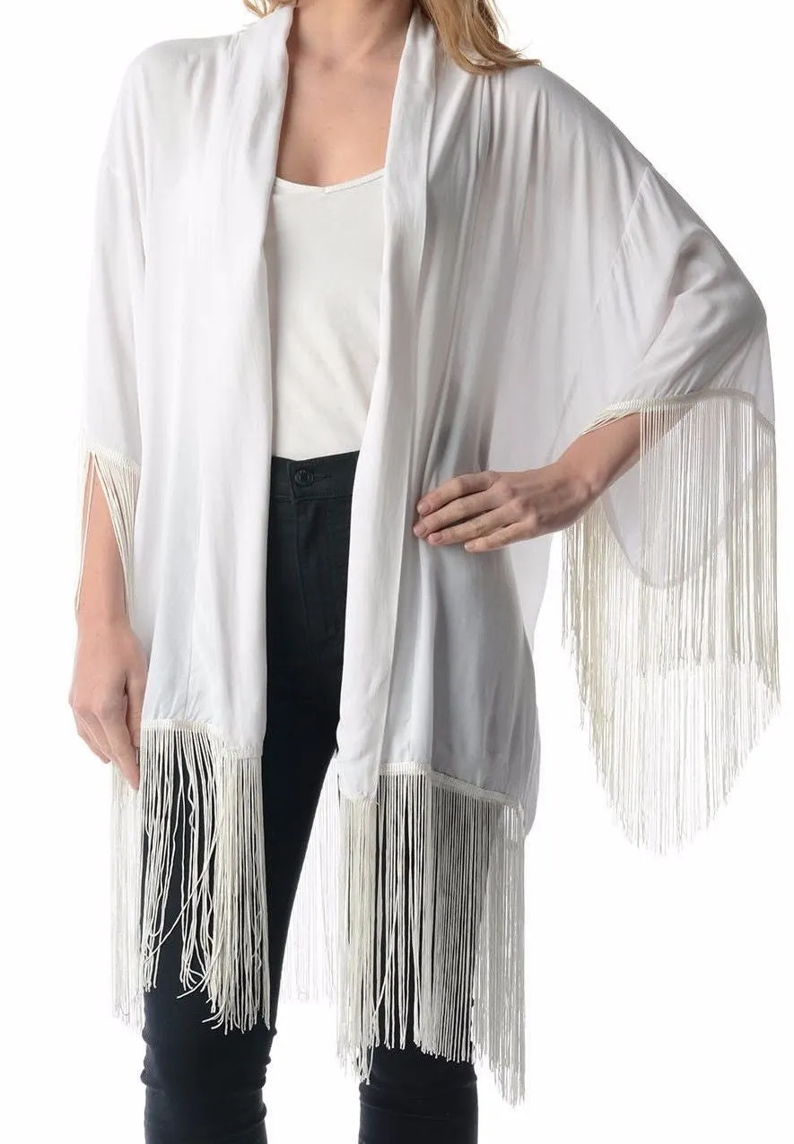 Longhorn Skull Boho Kimono White Super Long Fringe Size Small / Medium Black Cow With Pretty Flowers Roses Feathers Designs