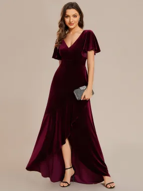 Lotus Leaf Ruffles High-low V Neck Wholesale Evening Dress with Short Sleeves