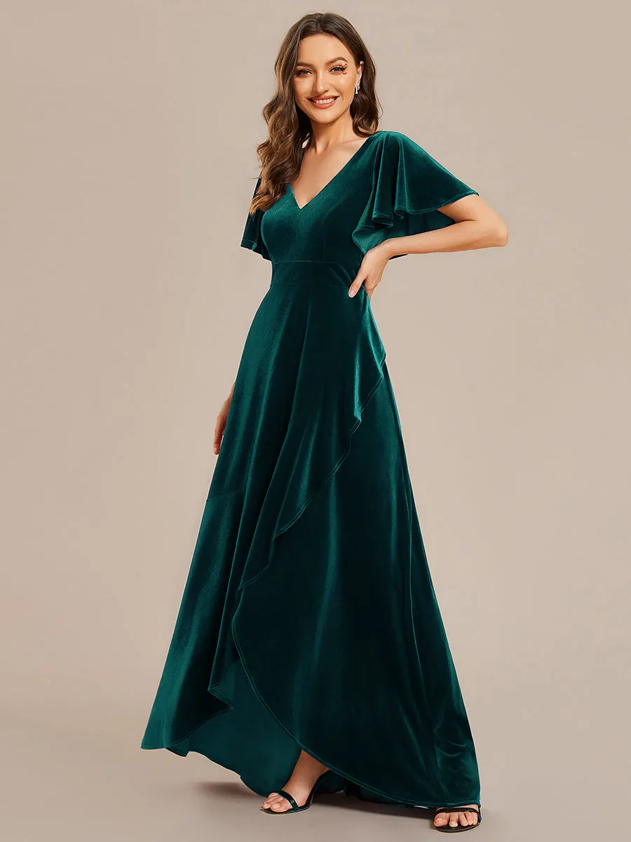 Lotus Leaf Ruffles High-low V Neck Wholesale Evening Dress with Short Sleeves