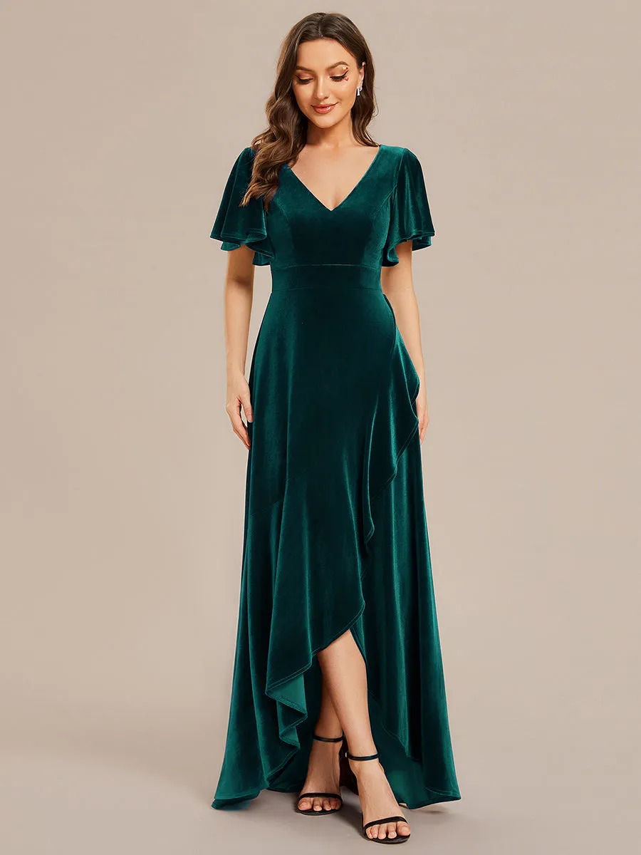 Lotus Leaf Ruffles High-low V Neck Wholesale Evening Dress with Short Sleeves