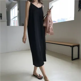 Maxi Dress Loose Sleeveless Dresses V-neck Sling Long Black Party Dress