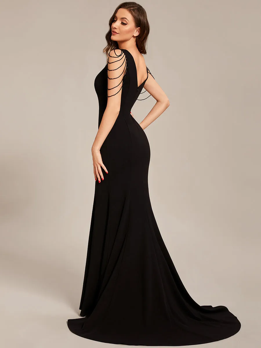 Maxi Long V Neck Sleeveless Beaded Chiffon Wholesale Evening Dress