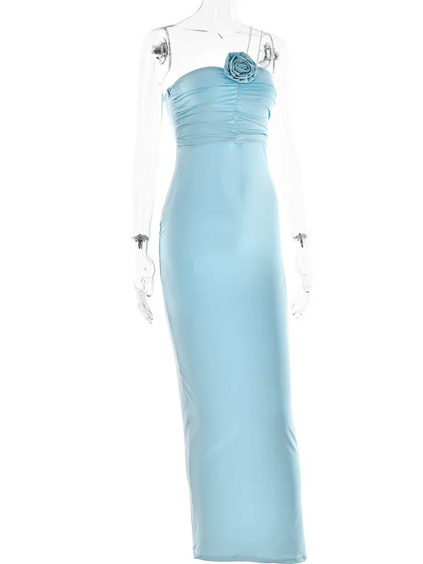 Momnfancy Elegant Blue Flowers Ruffle Bandeau Bodycon Oblique Shoulder Party Maternity Babyshower Maxi Dress