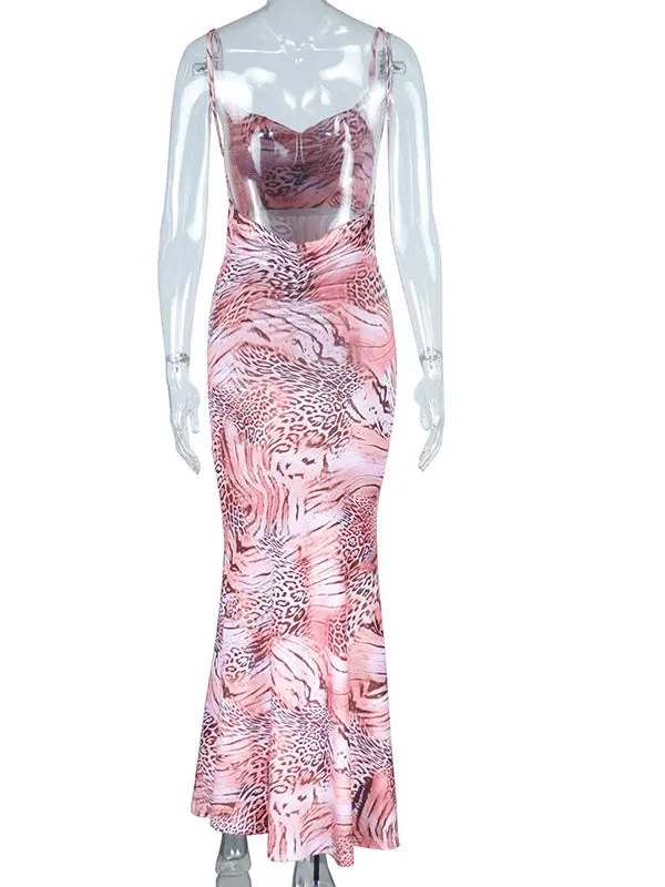 Momnfancy Pink Bodycon Mermaid Backless Cheetach Print Chic Party Maternity Maxi Dress