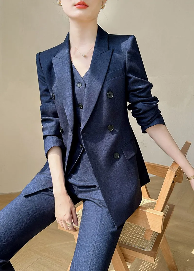 Navy Blue Double Breasted Blazer Vest Pants Suit Three-Piece Set