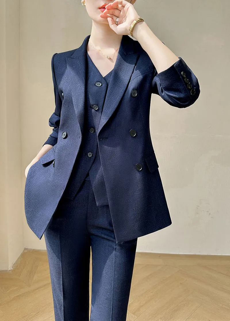 Navy Blue Double Breasted Blazer Vest Pants Suit Three-Piece Set