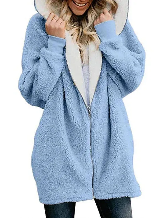 Oversized Sherpa Fleece Zipper for Women with Long Sleeves and Fleece Lining