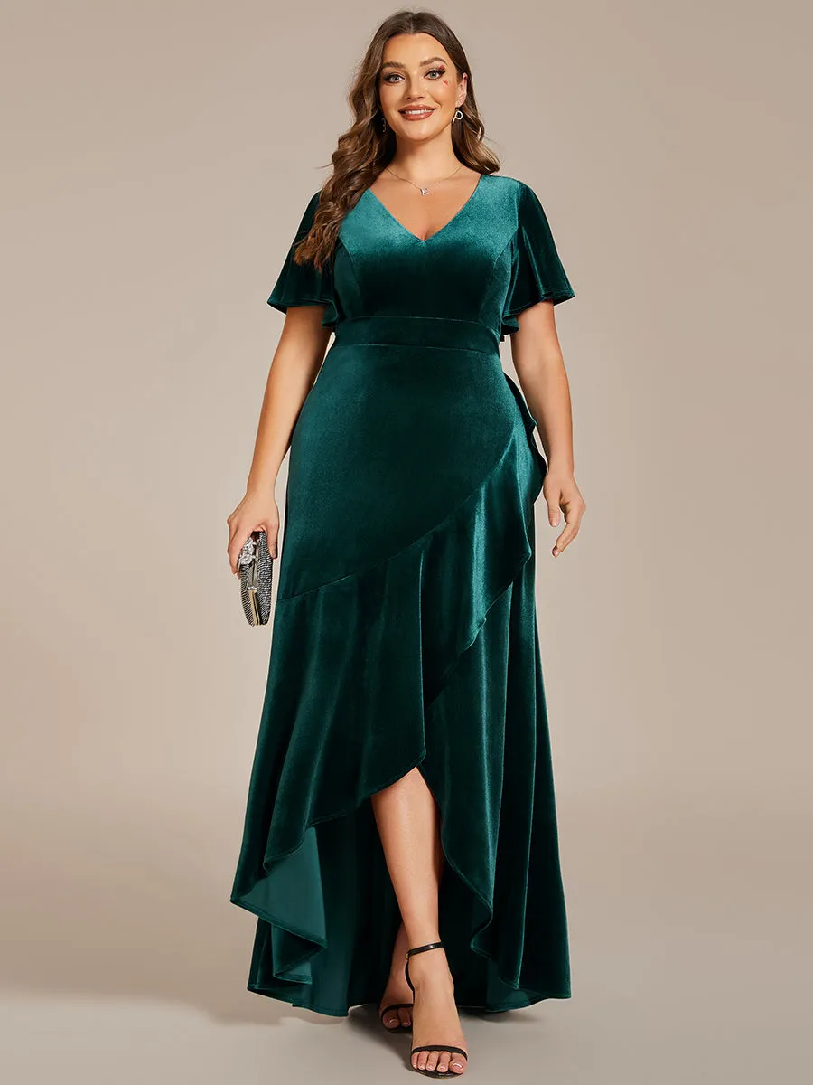 Plus Lotus Leaf Ruffles High-low V Neck Wholesale Evening Dress with Short Sleeves