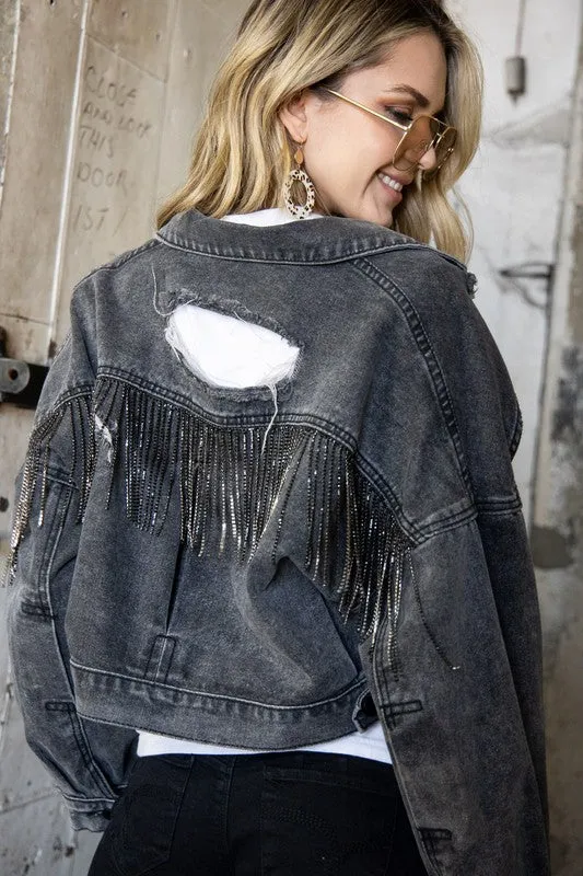 Rhinestone Fringe Denim Jacket