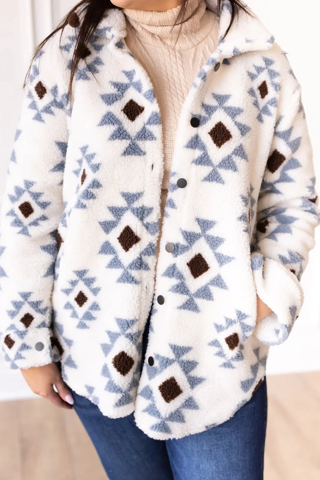 SHE COULD BE THE ONE IVORY AZTEC PATTERN BUTTON DOWN SHERPA