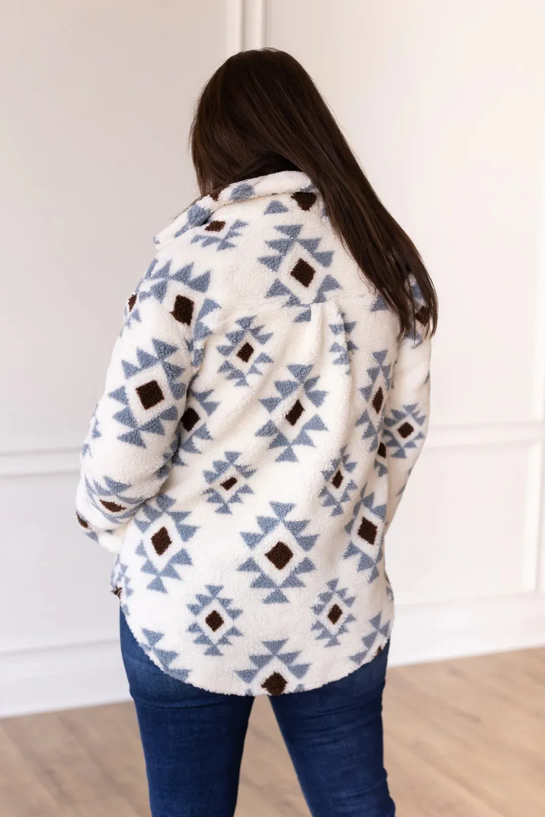 SHE COULD BE THE ONE IVORY AZTEC PATTERN BUTTON DOWN SHERPA