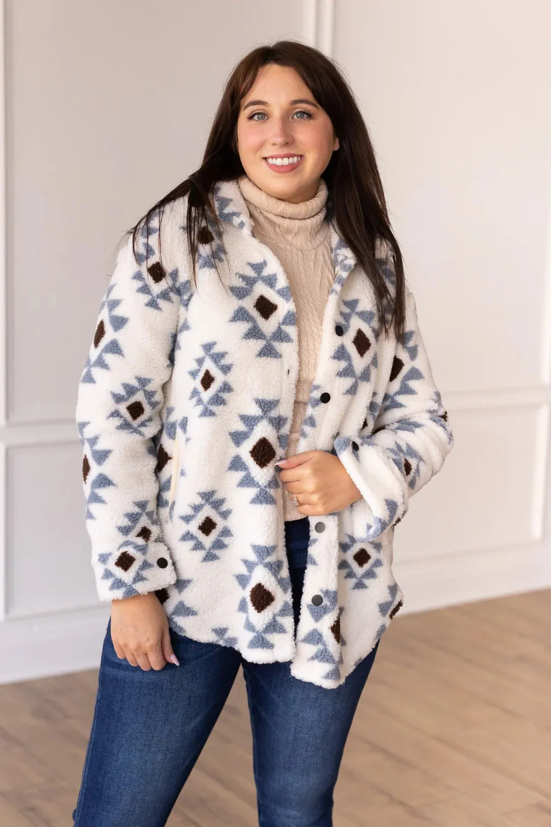 SHE COULD BE THE ONE IVORY AZTEC PATTERN BUTTON DOWN SHERPA