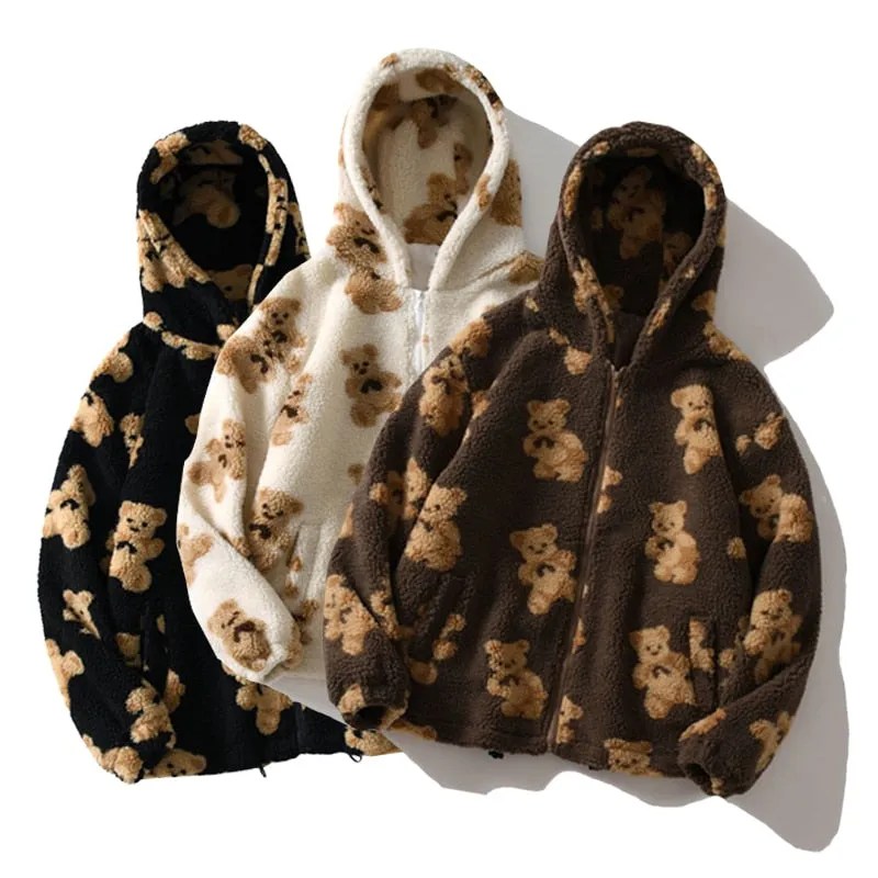 Sherpa Zip-Up Jacket With Teddy Bear Pattern