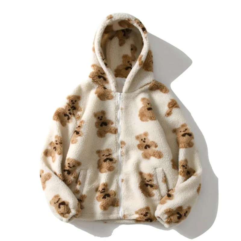 Sherpa Zip-Up Jacket With Teddy Bear Pattern