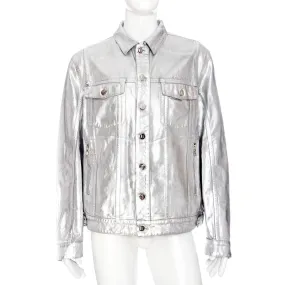 Silver-tone Metallic Finish Logo-Embossed Denim Jacket