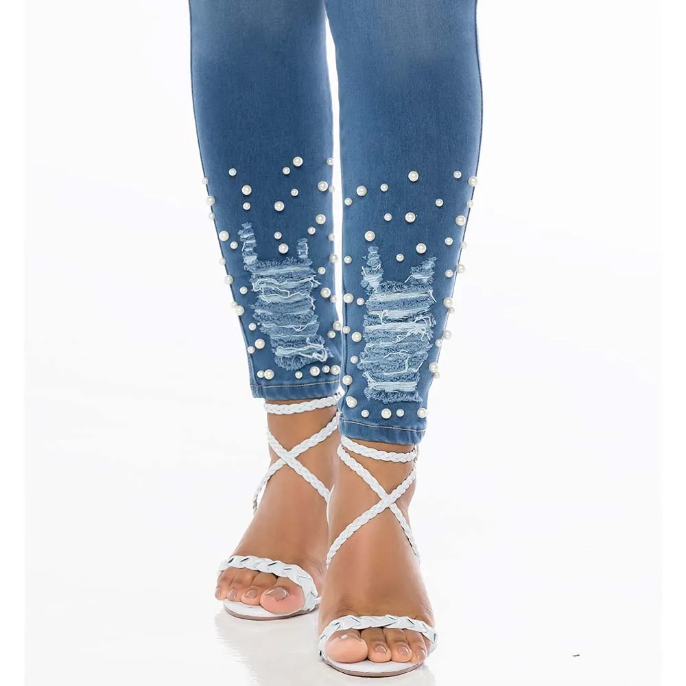 Skinny Blue Jean for women - Pearl embellished denim - J82333SH