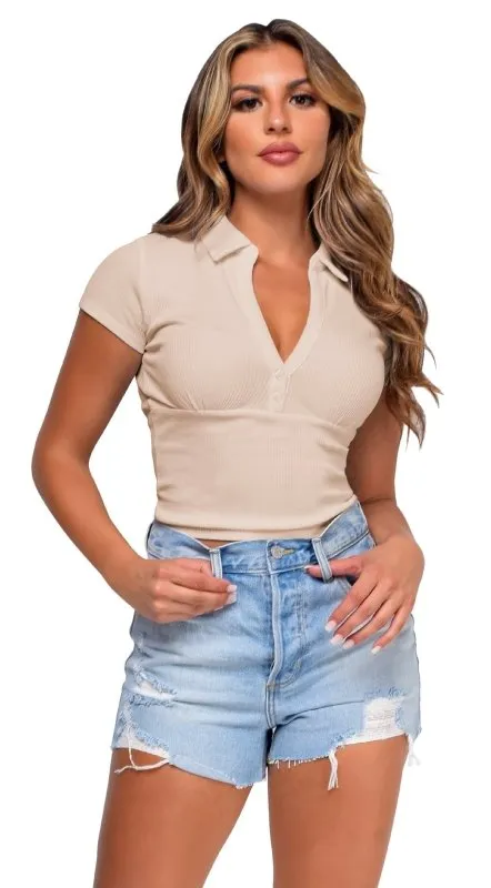 Solid Color Summer Women Retro Elegant Bodycon Short Polo Short Sleeve T-shirt Thread Top