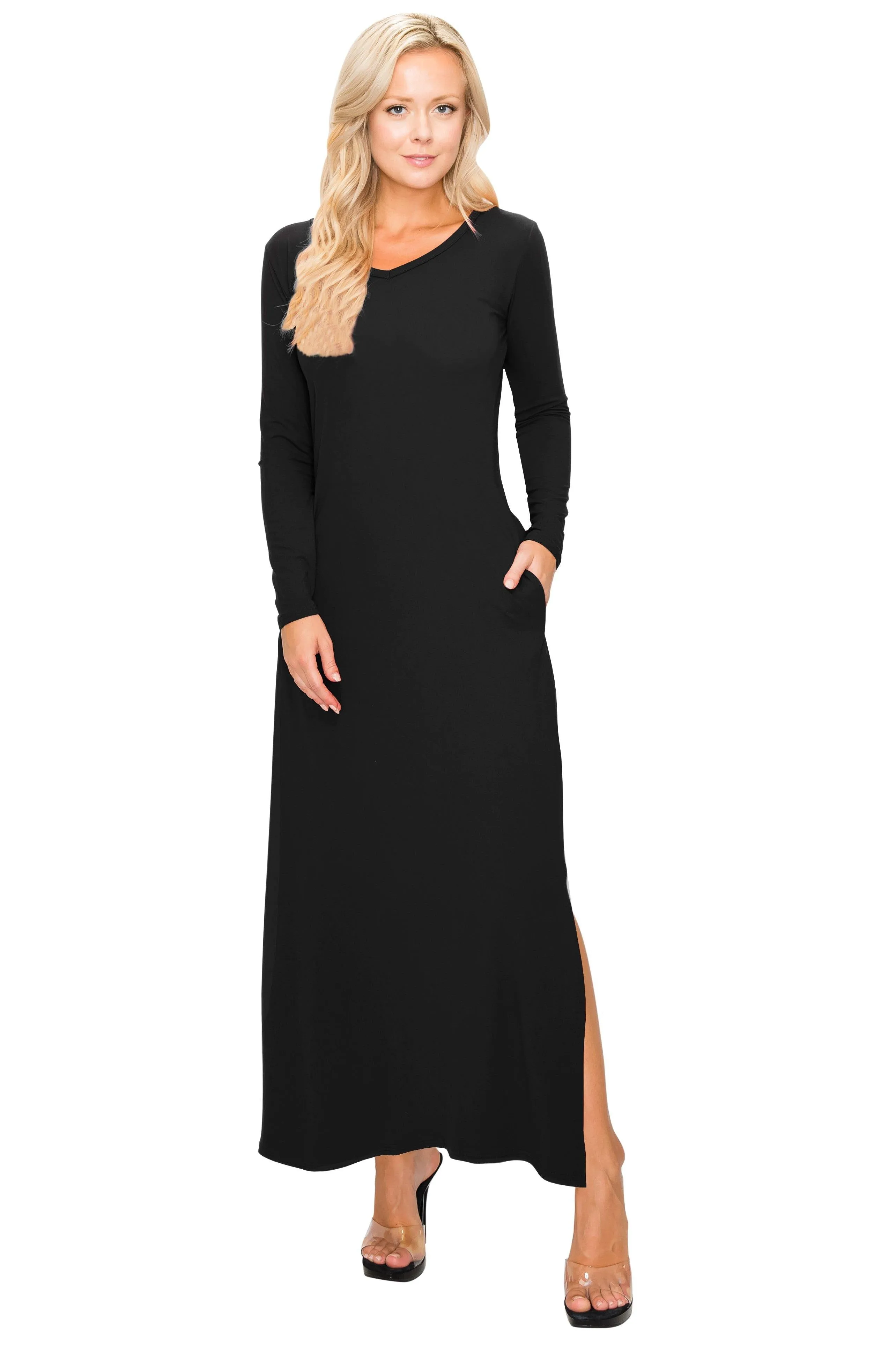 Split Maxi Dress - Long Sleeve - Pockets