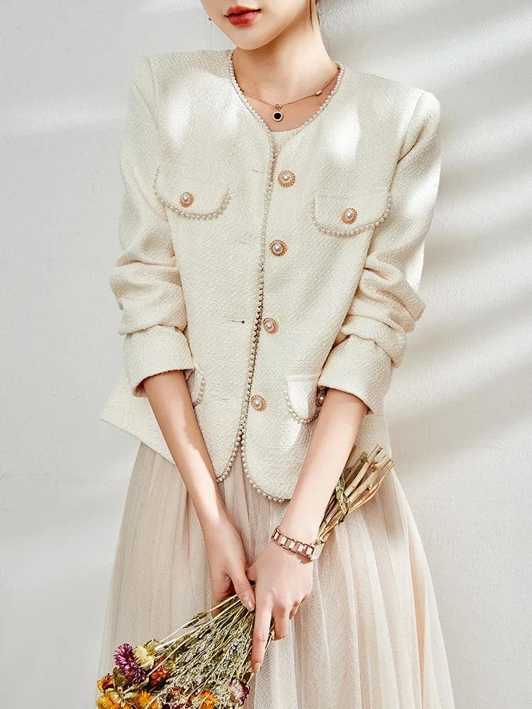 Spring Cream Light Tweed Blazer Jacket Coat