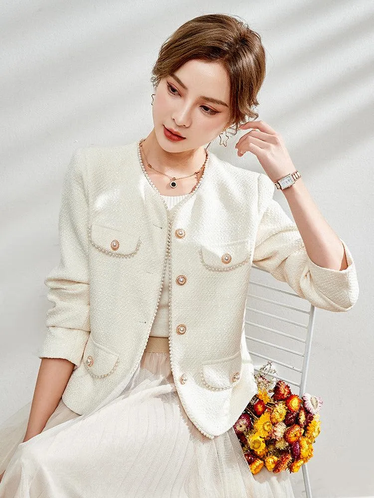 Spring Cream Light Tweed Blazer Jacket Coat