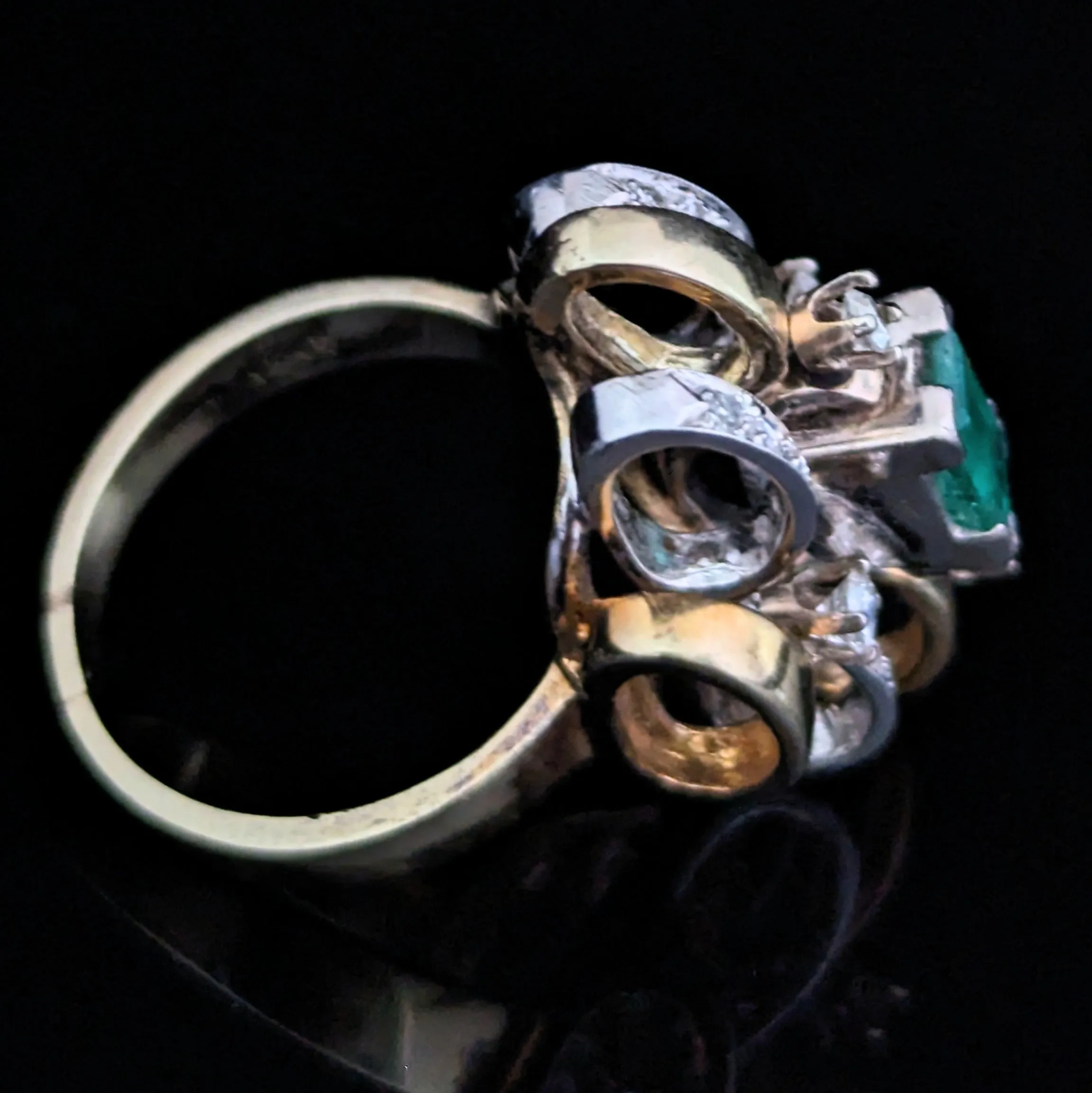 The Waxhaw - 1970's Emerald Diamonds 14k Multi Tone Gold Cocktail Ring Vintage