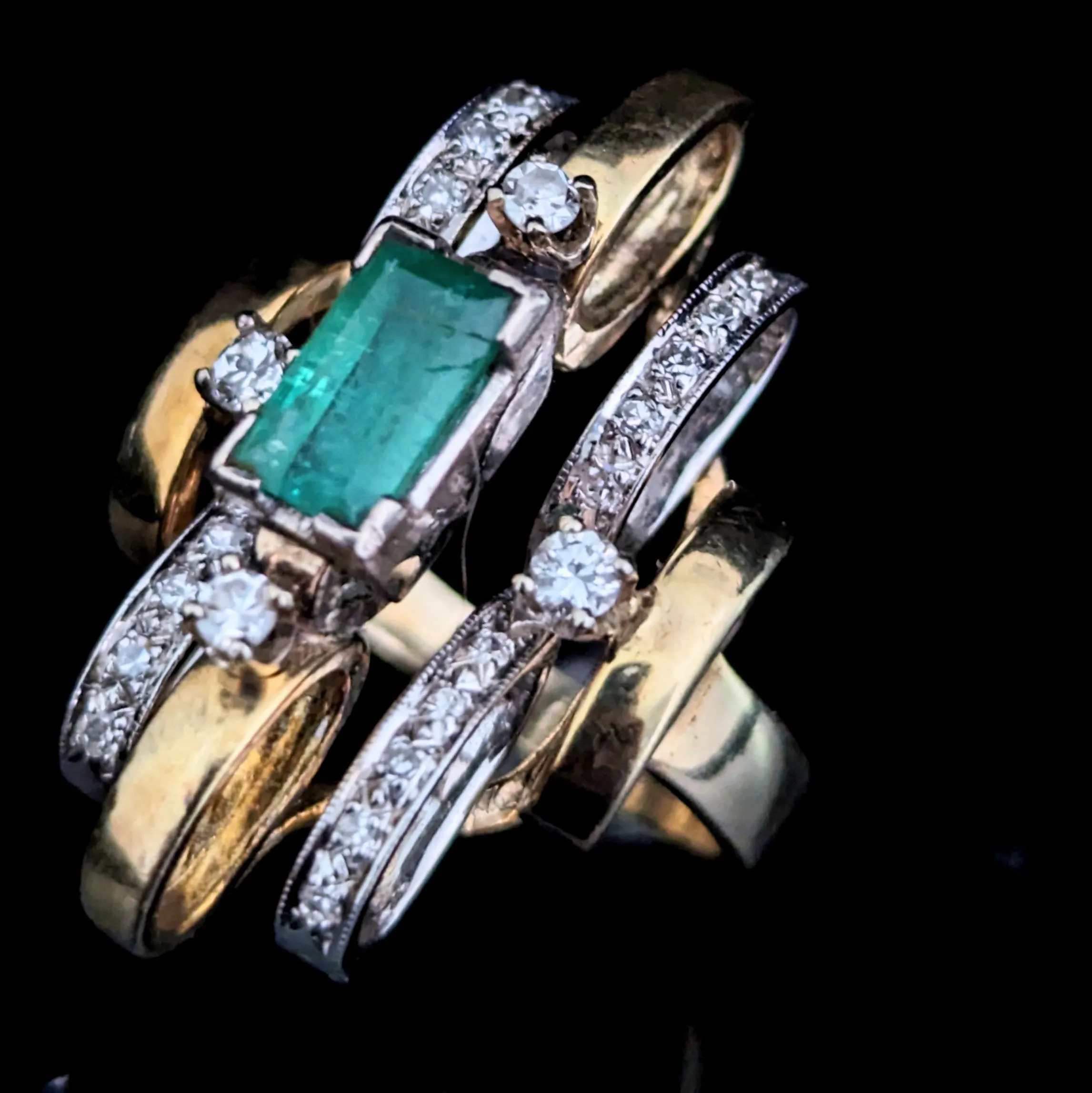 The Waxhaw - 1970's Emerald Diamonds 14k Multi Tone Gold Cocktail Ring Vintage