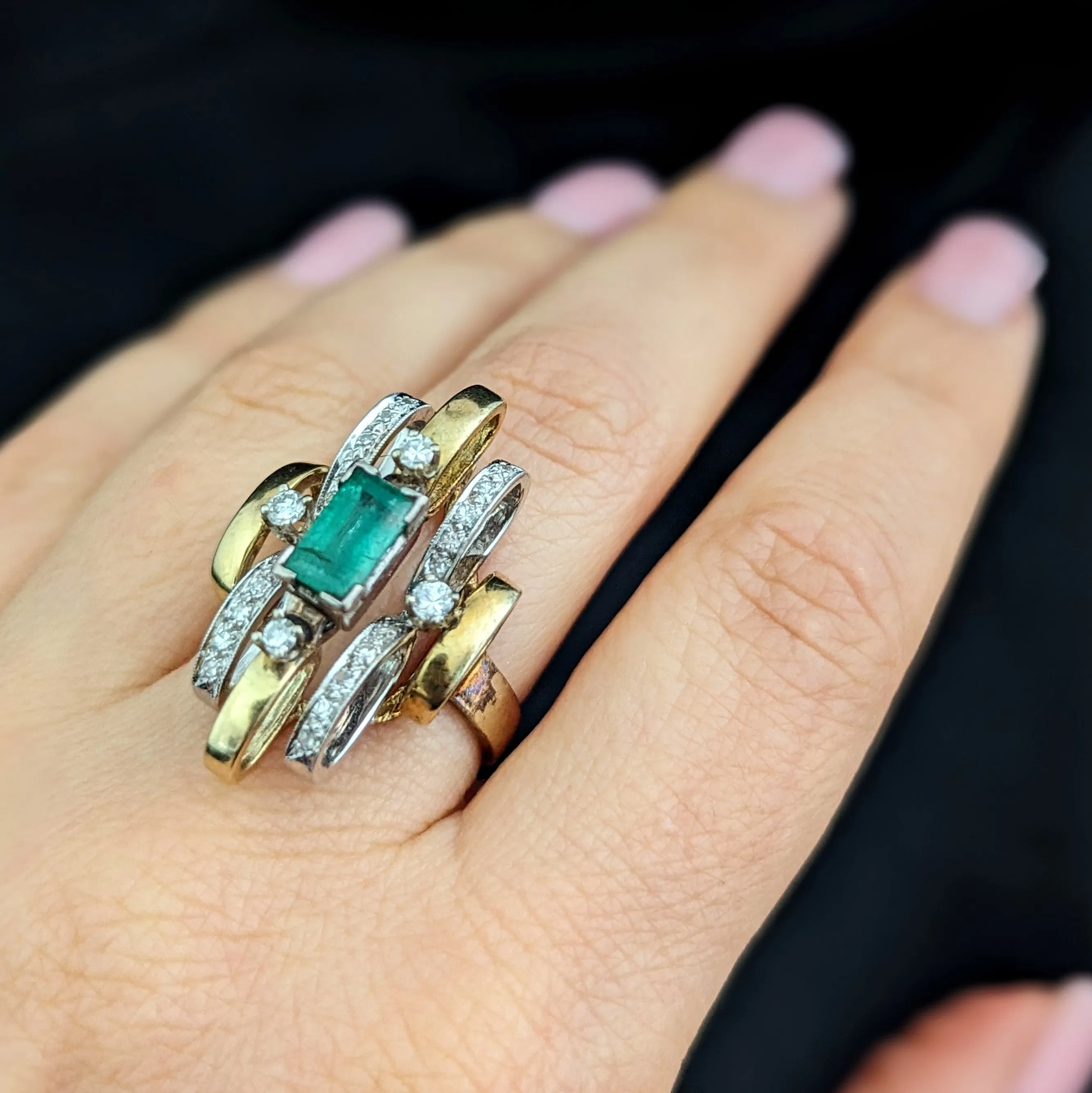 The Waxhaw - 1970's Emerald Diamonds 14k Multi Tone Gold Cocktail Ring Vintage