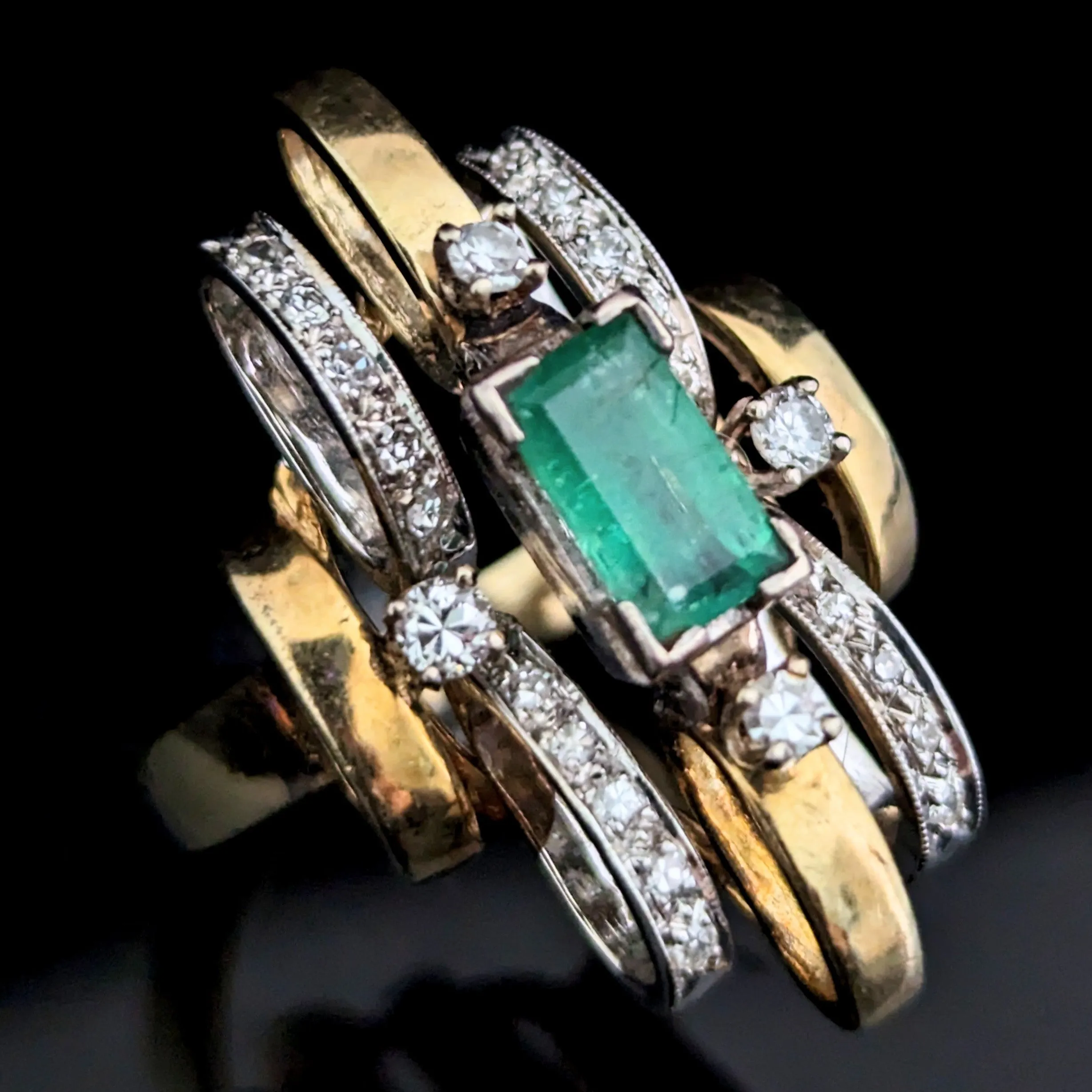 The Waxhaw - 1970's Emerald Diamonds 14k Multi Tone Gold Cocktail Ring Vintage