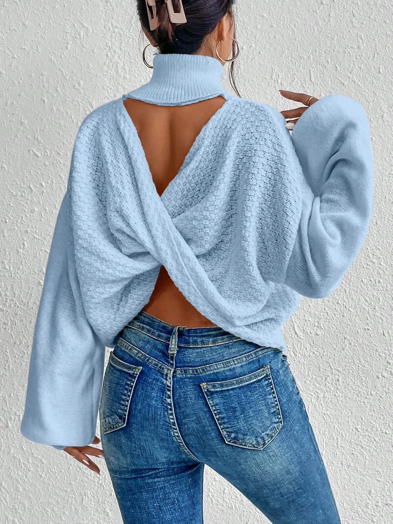 Turtleneck Twist Back Drop Shoulder Sweater